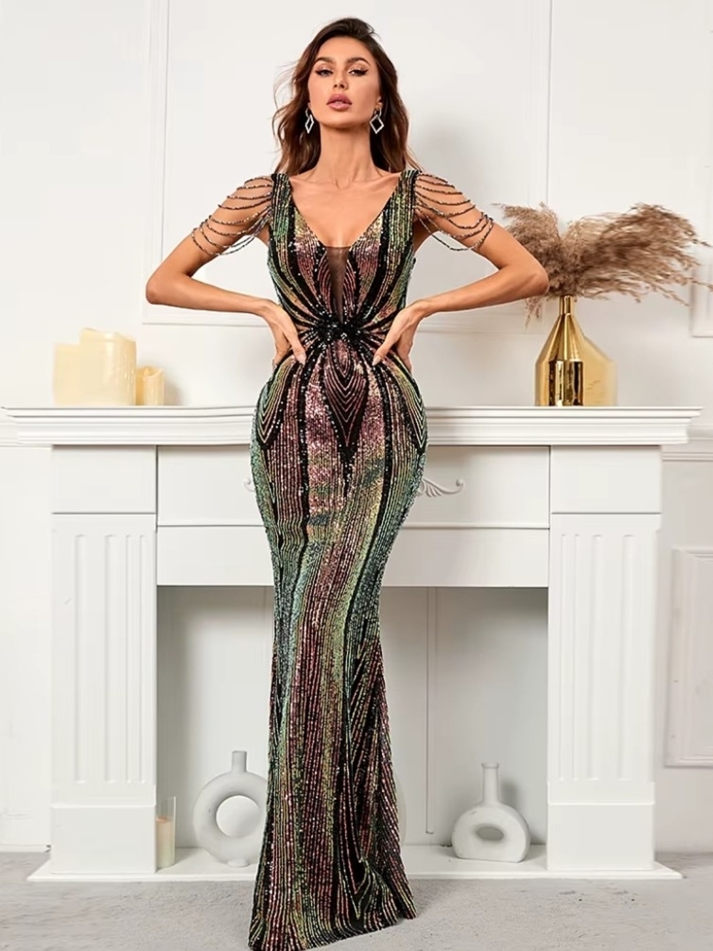 Sequin V-Neck Evening Gown in Multicolor